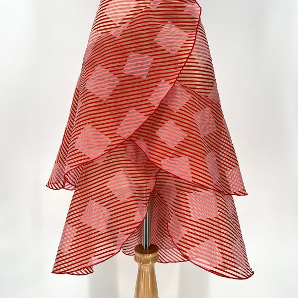 ALICE + OLIVIA Angelita Dress Women 4 Red Pink Sheer Stripe Ruffle Layered Party - Picture 6 of 16